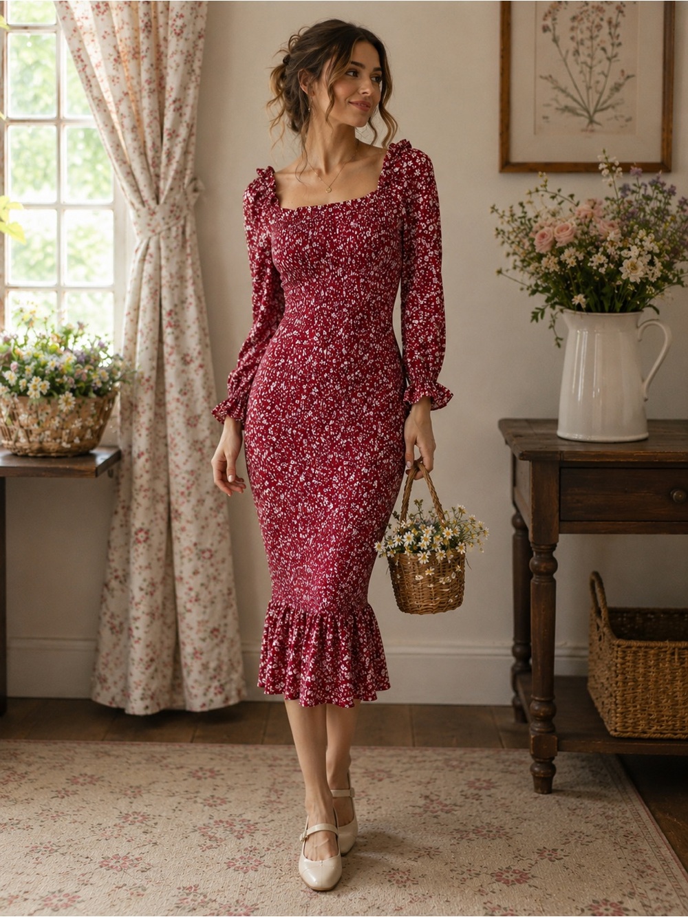 PrettyGarden Smocked Floral Midi Dress Puff Sleeve Cottagecore Red Small/Medium